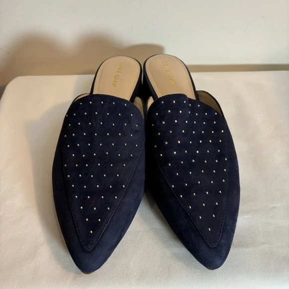 COLE HAAN Sz 8B Mules Navy Suede Golden Tone Rounded Studs Almond Toe Slip On - Picture 2 of 9
